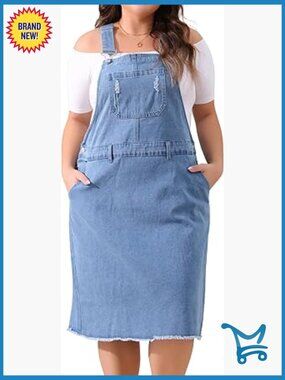 Plus Size Denim Overall Dress Midi Racerback Adjustable Strap Pinafore with